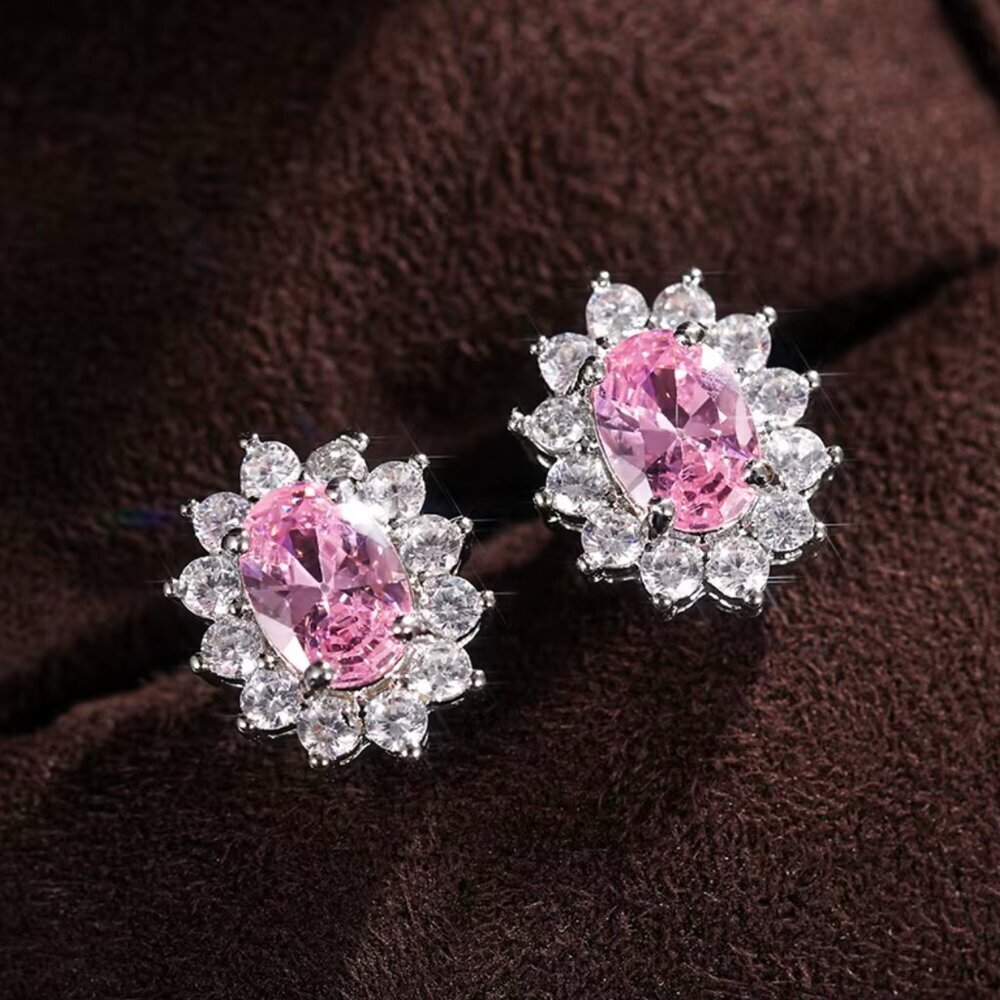 18k White Gold Pink Sapphire Diamond Earrings Oval Cut Earrings